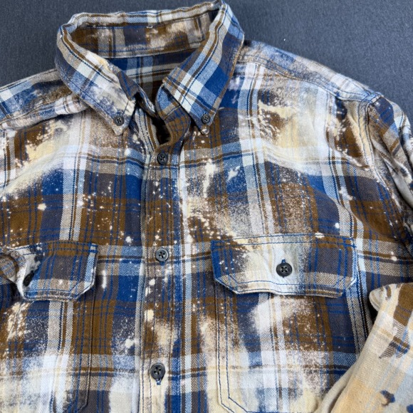 Bleached Flannel Shirt L G Blue Brown Tan Plaid Long Sleeve Button Up Top - Picture 2 of 8